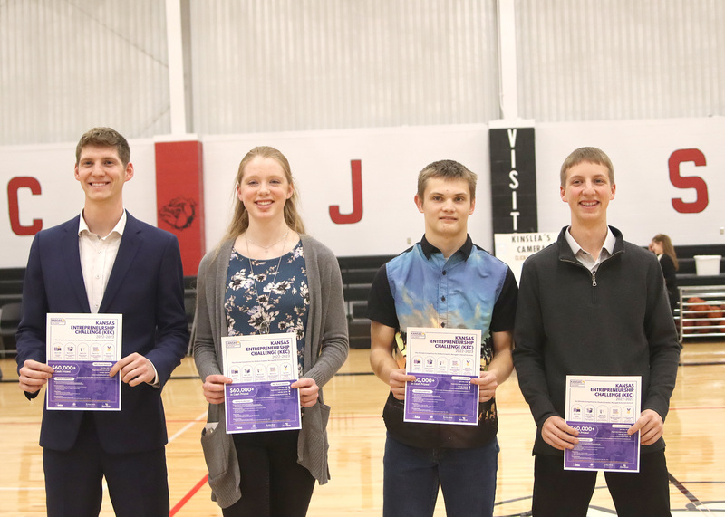Winners of the Youth Entrepreneurship Challenge are: senior Cooper Schroer, first; freshman Madelyn Wilson, second; and junior Josiah McKee and sophomore Carson Schroer, third. Photo by Alexis DeLong
