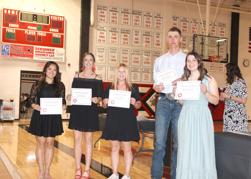 Seniors Ashlee Williams, Alexis DeLong, Pax Vogel, Chayla Owens, and Maya Dorsey receive the French's Scholarship. Photo by Linda Drake